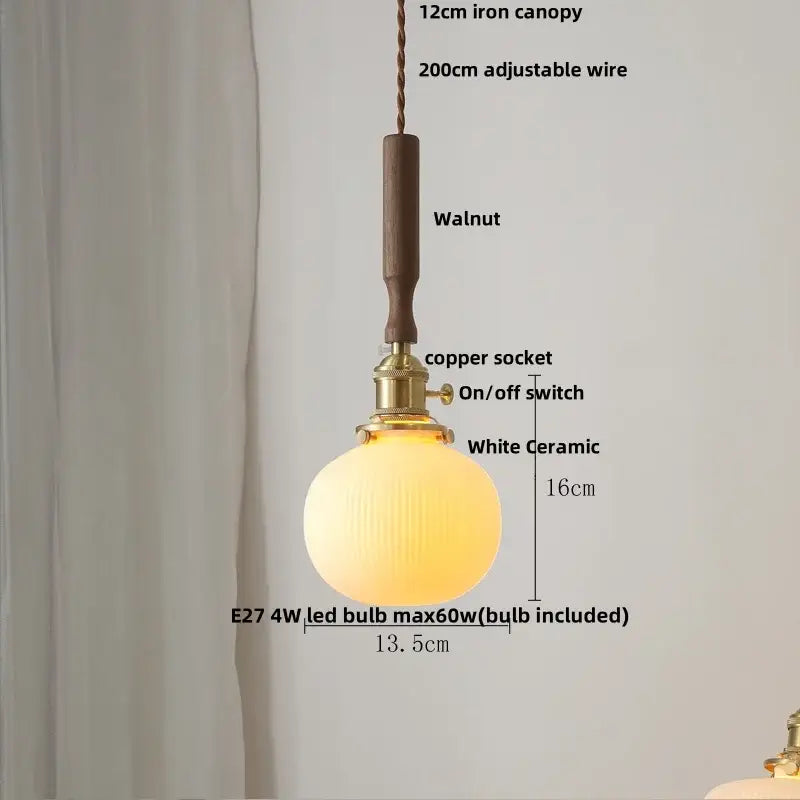 Modern amber glass led pendant light dining room walnut wood