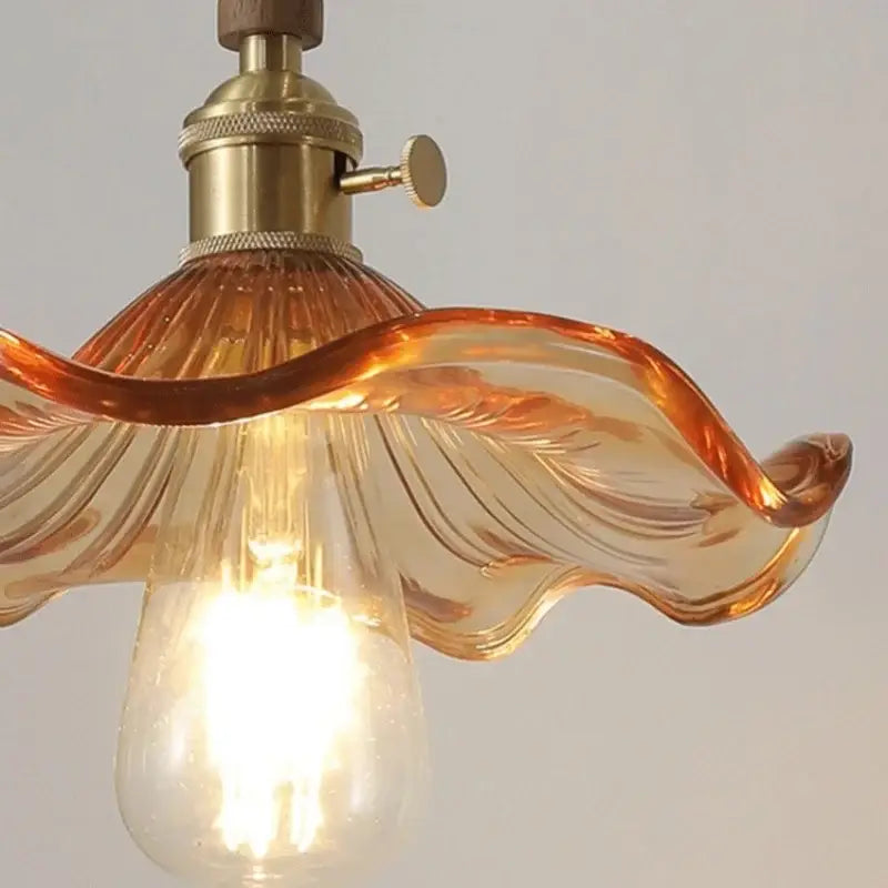 Modern amber glass led pendant light dining room walnut wood