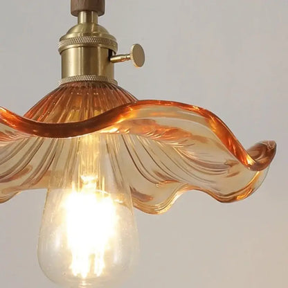 Modern amber glass led pendant light dining room walnut wood