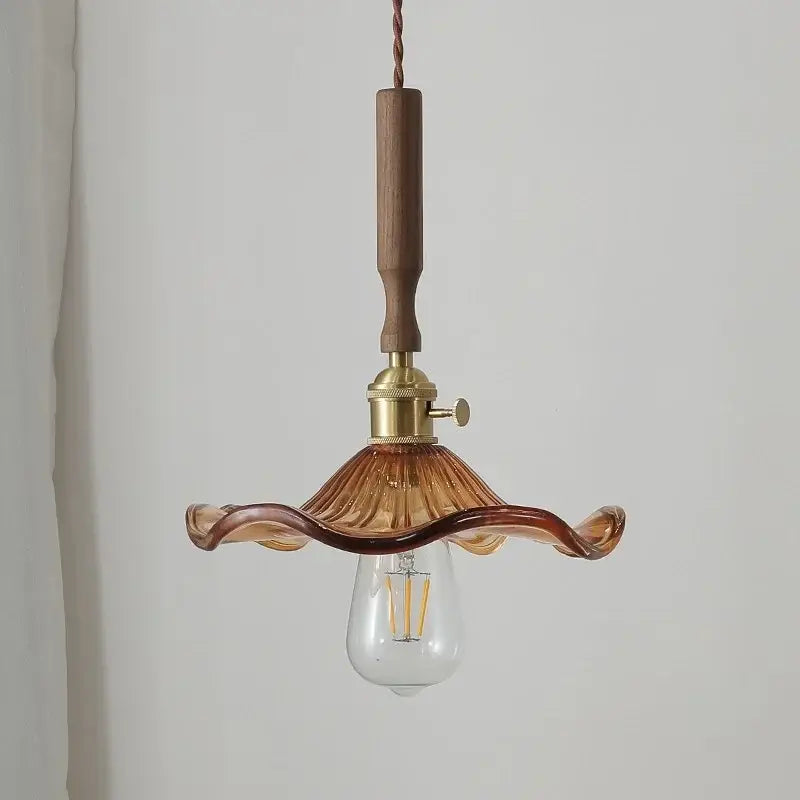 Modern amber glass led pendant light dining room walnut wood