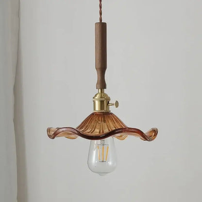 Modern amber glass led pendant light dining room walnut wood