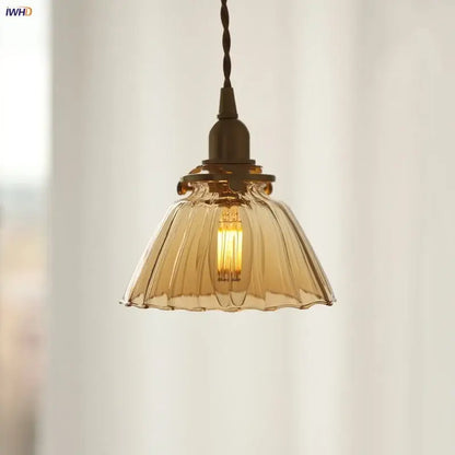 Modern amber glass led pendant light kitchen fluted scalloped lamp
