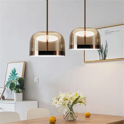 Modern amber glass pendant light dining room copper finish