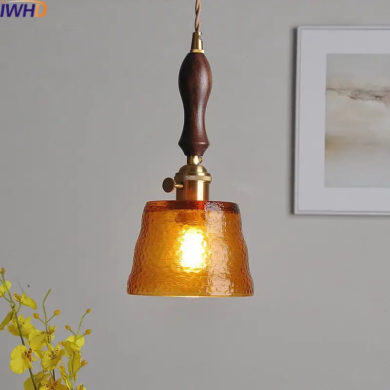 Modern amber glass pendant light dining room hammered brass decor