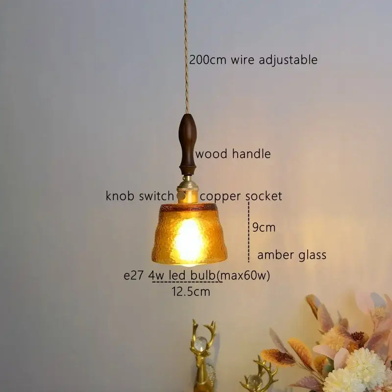 Modern amber glass pendant light dining room hammered brass decor
