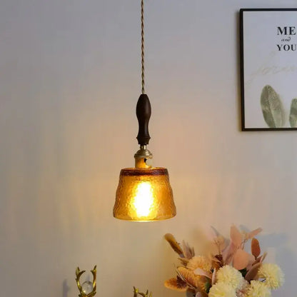Modern amber glass pendant light dining room hammered brass decor
