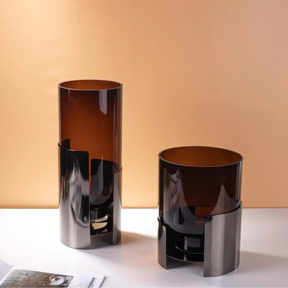 Modern amber glass vase set with silver base living room decor