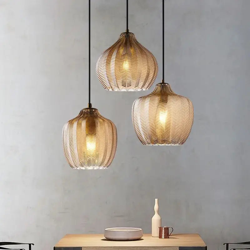 Modern amber gray glass pendant light dining room wavy textured lamp