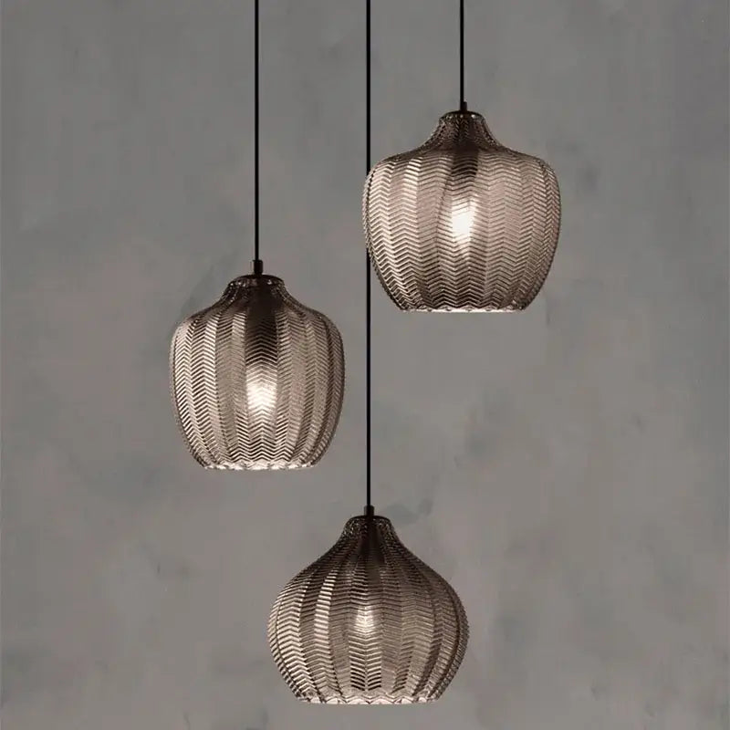 Modern amber gray glass pendant light dining room wavy textured lamp