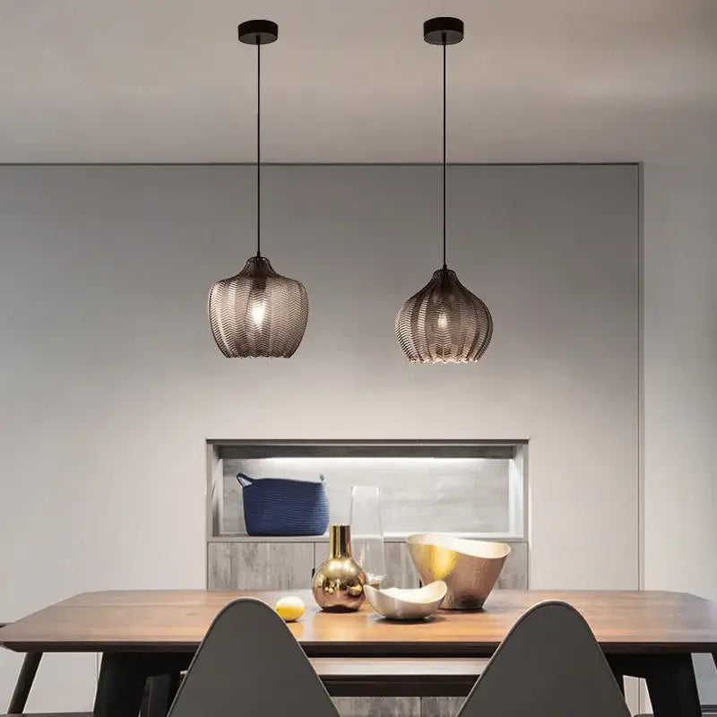 Modern amber gray glass pendant light dining room wavy textured lamp