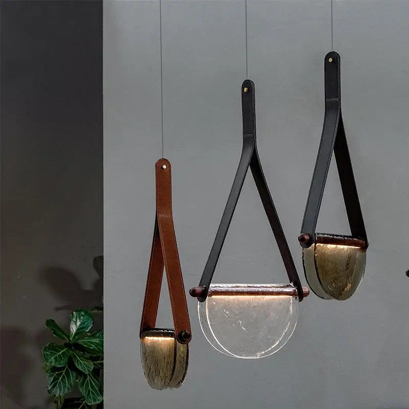 Modern amber & gray handmade leather glass pendant lamp bedroom