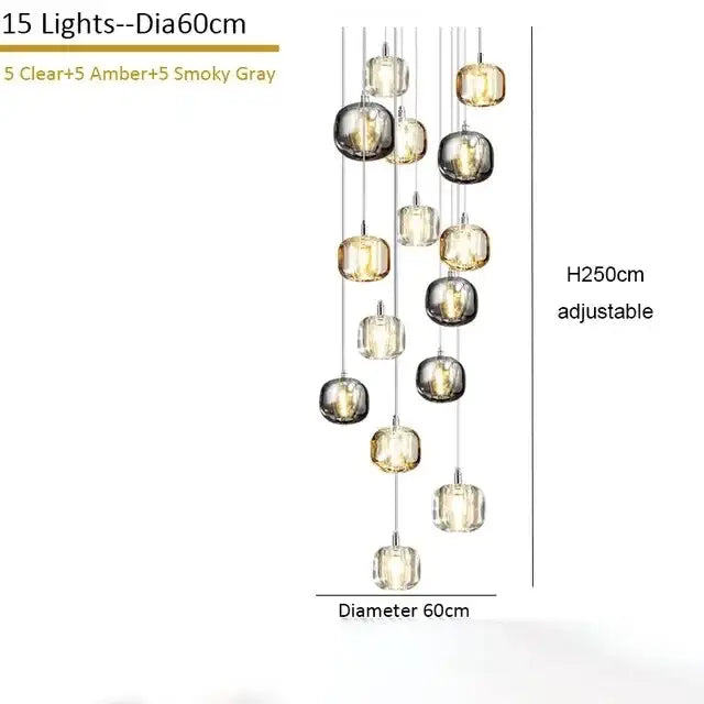 Modern amber & smoke crystal staircase chandelier for living room