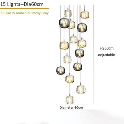 Modern amber & smoke crystal staircase chandelier for living room
