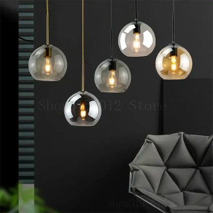 Modern amber smoked gray and clear glass ball led pendant lights dining room
