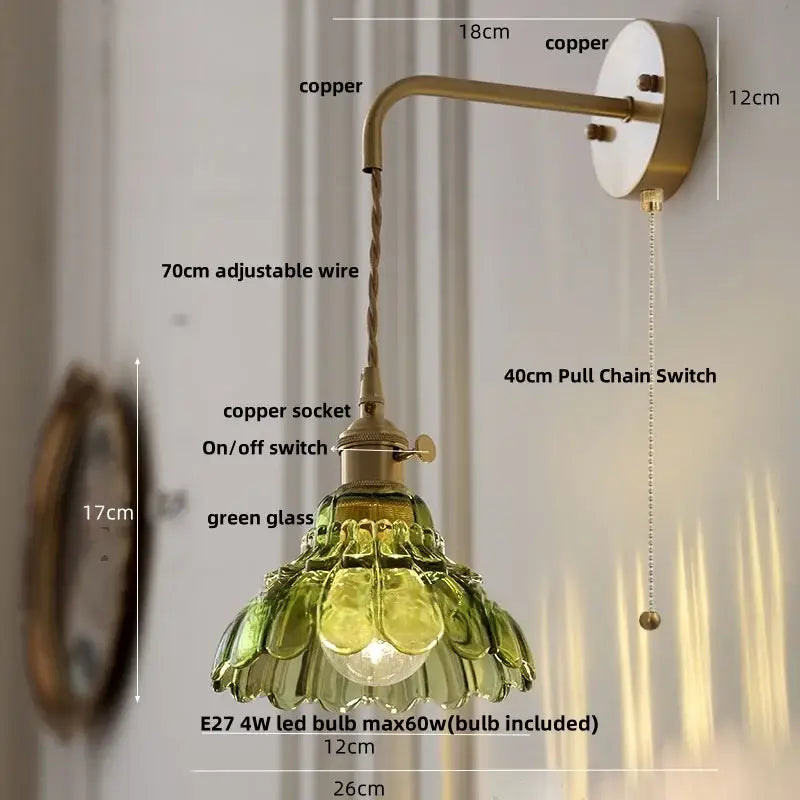 Modern antique brass amber glass led wall light bedroom sconce