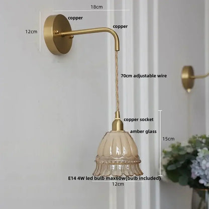 Modern antique brass amber glass led wall light bedroom sconce