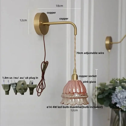 Modern antique brass amber glass led wall light bedroom sconce