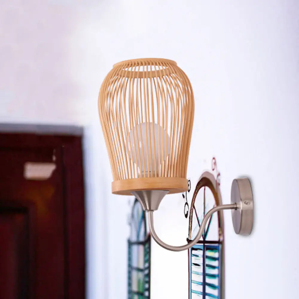 DecorBites™ Modern Bamboo Hand-Woven Wall Sconce with Metal Gooseneck Arm - Beige 1-Light Wall Mount Lamp