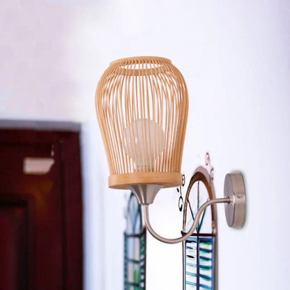 DecorBites™ Modern Bamboo Hand-Woven Wall Sconce with Metal Gooseneck Arm - Beige 1-Light Wall Mount Lamp