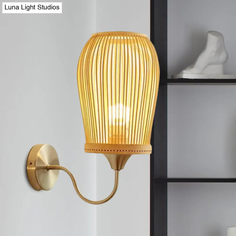 DecorBites™ Modern Bamboo Hand-Woven Wall Sconce with Metal Gooseneck Arm - Beige 1-Light Wall Mount Lamp