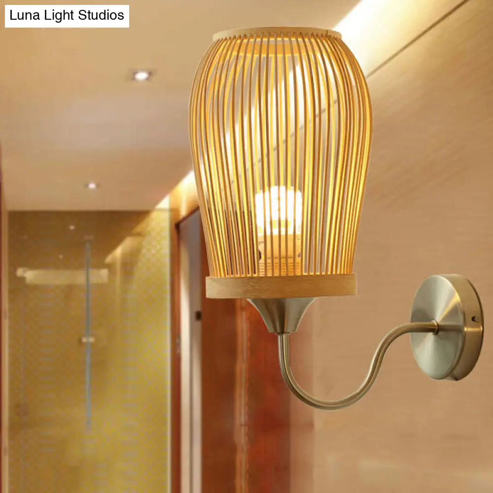 DecorBites™ Modern Bamboo Hand-Woven Wall Sconce with Metal Gooseneck Arm - Beige 1-Light Wall Mount Lamp