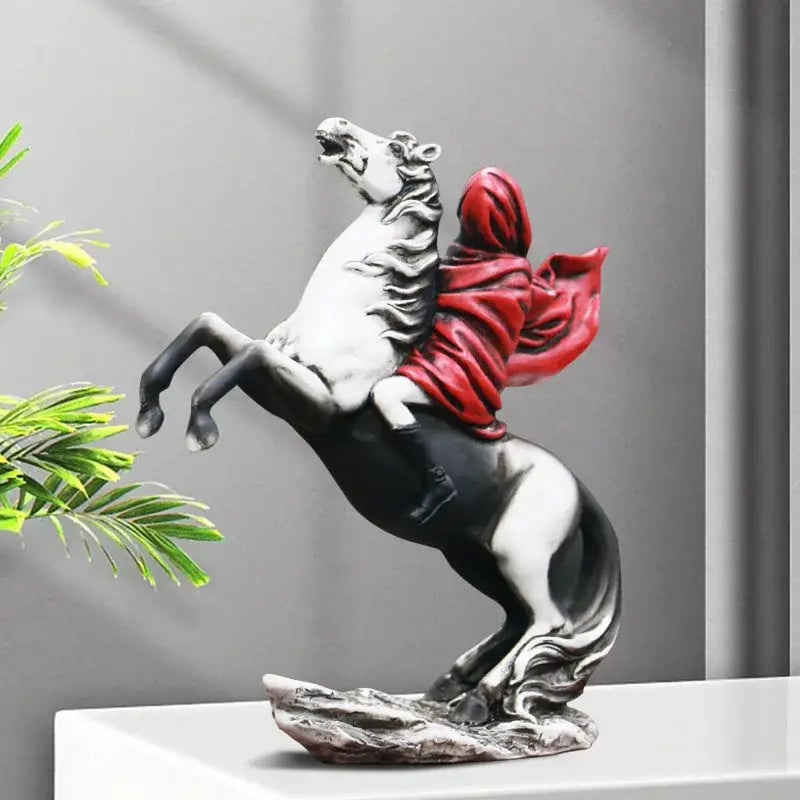 Modern banksy red knight statue black & white horse living room decor