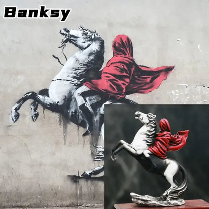 Modern banksy red knight statue black & white horse living room decor