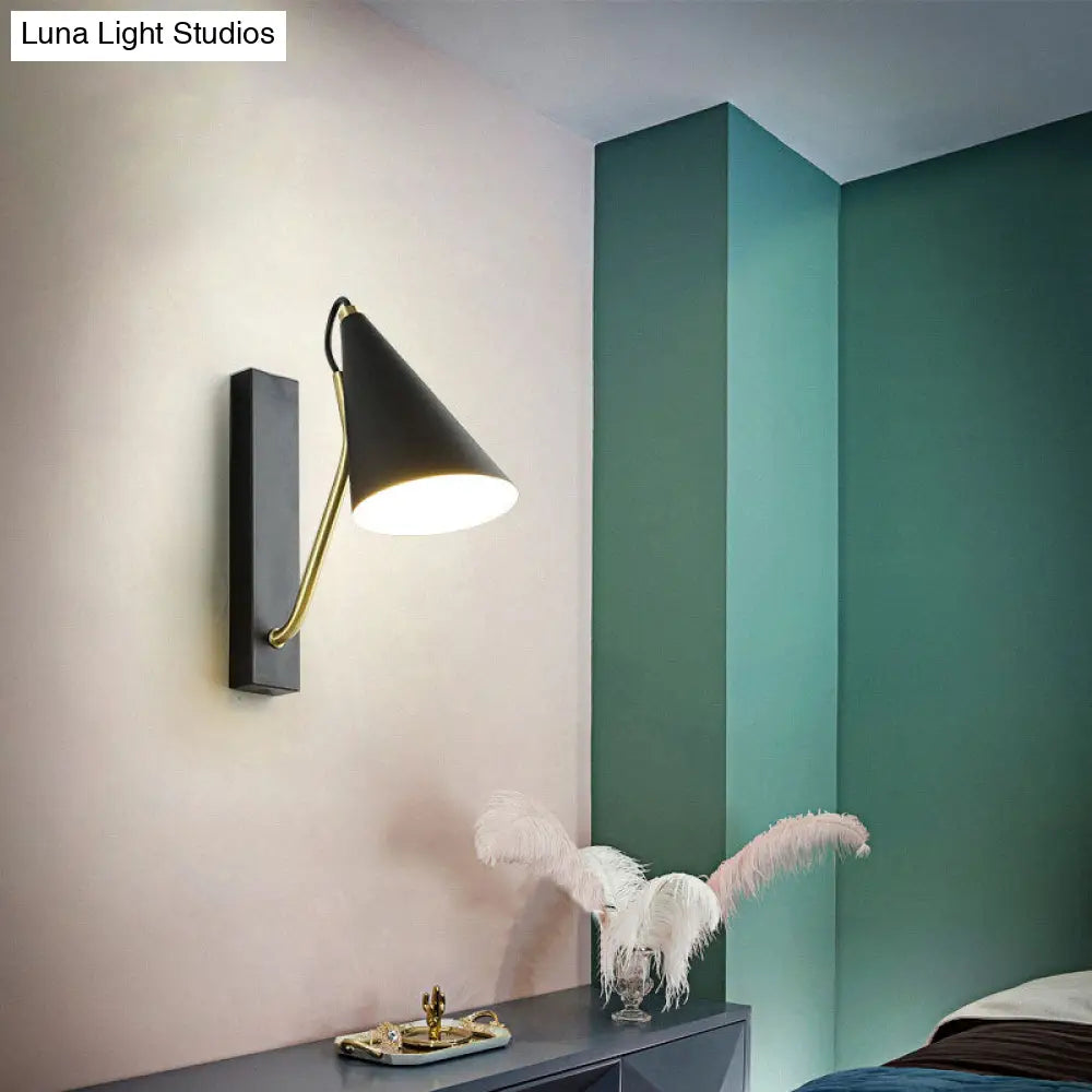 DecorBites™ Modern Bedroom Wall Sconce with Cone Shade and Iron Base - Simple 1-Light Black/White Lamp