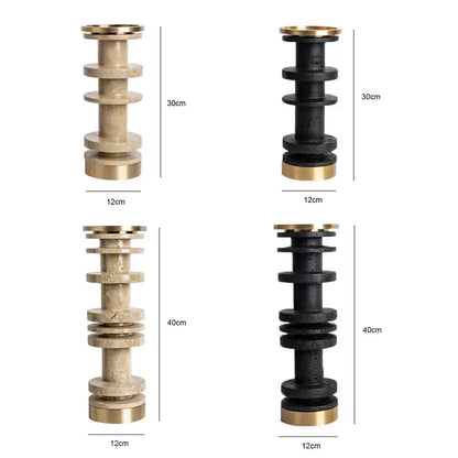 Modern beige & brown travertine candle holder with metal base dining room