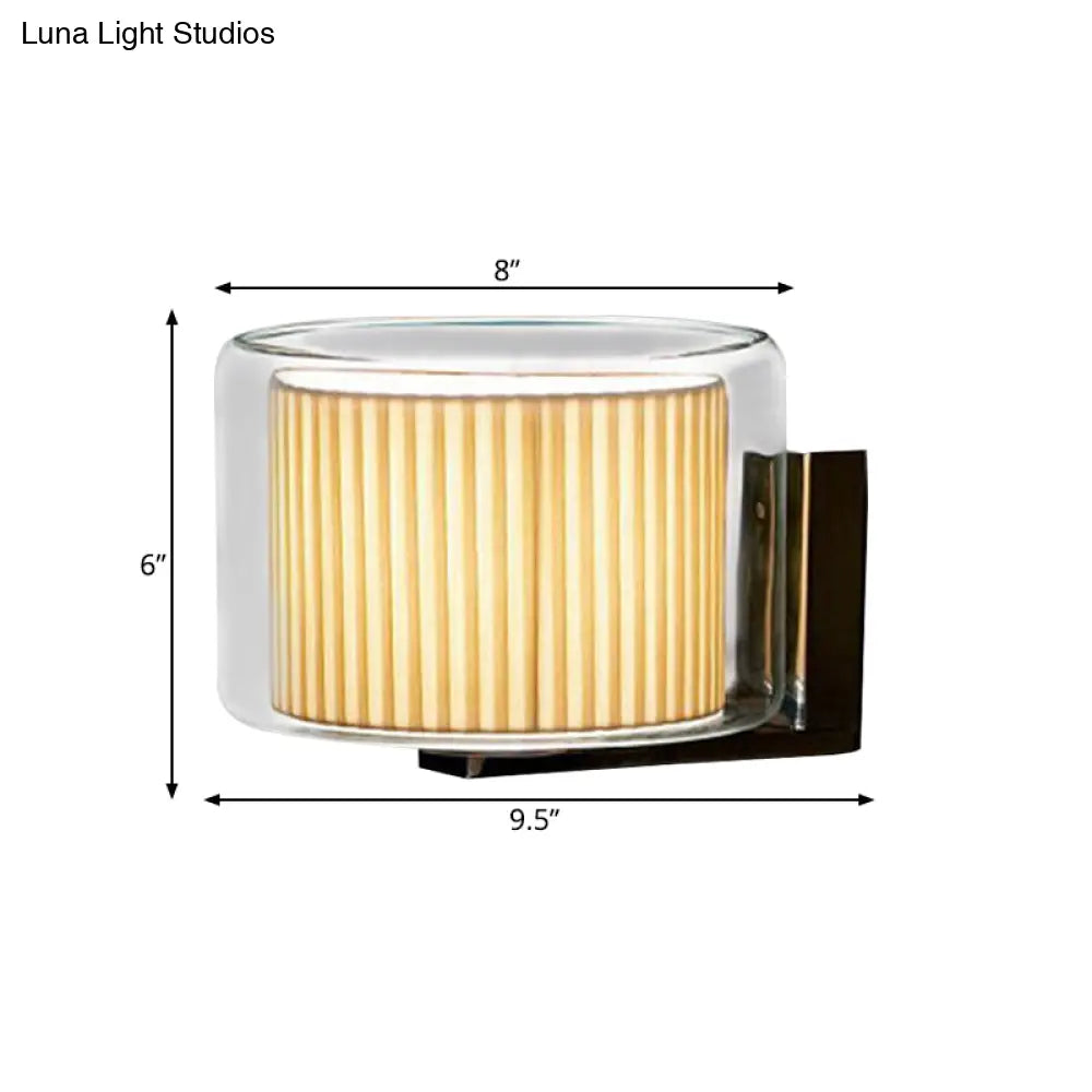 DecorBites™ Modern Beige Drum Wall Lamp with Pleated Fabric Shade and Transparent Glass Shade