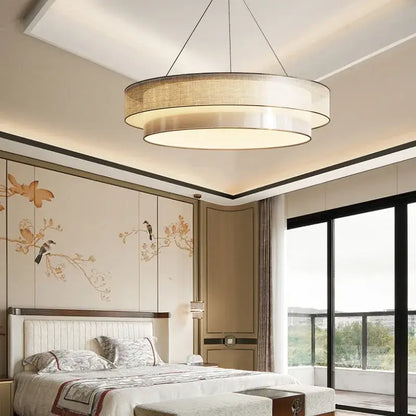 Modern beige fabric contemporary led round pendant light dining room