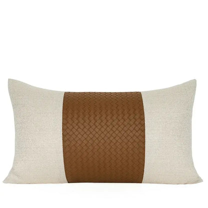 Modern beige & gold houndstooth jacquard lumbar pillow bedroom decor