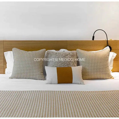 Modern beige & gold houndstooth jacquard lumbar pillow bedroom decor