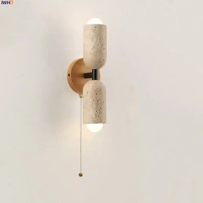 Modern beige stone and wood wall light fixture bedroom sconce