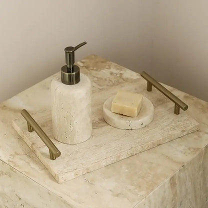 Modern beige travertine stone tray kitchen gold handle decor