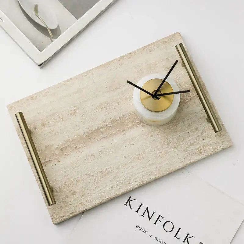 Modern beige travertine stone tray kitchen gold handle decor