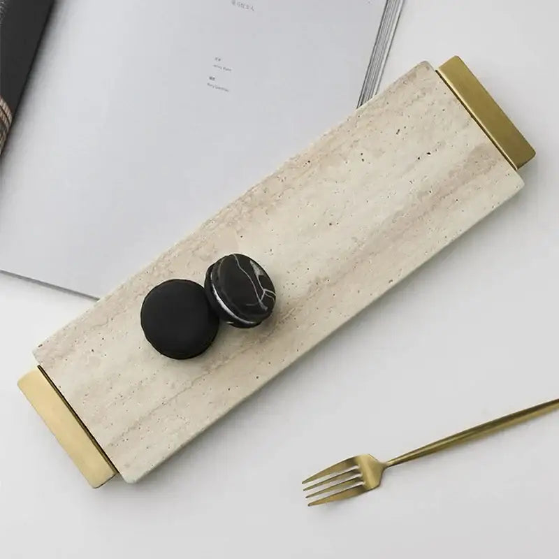 Modern beige travertine stone tray kitchen gold handle decor
