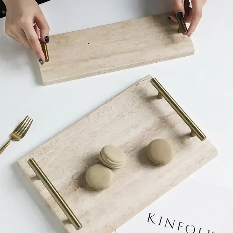 Modern beige travertine stone tray kitchen gold handle decor