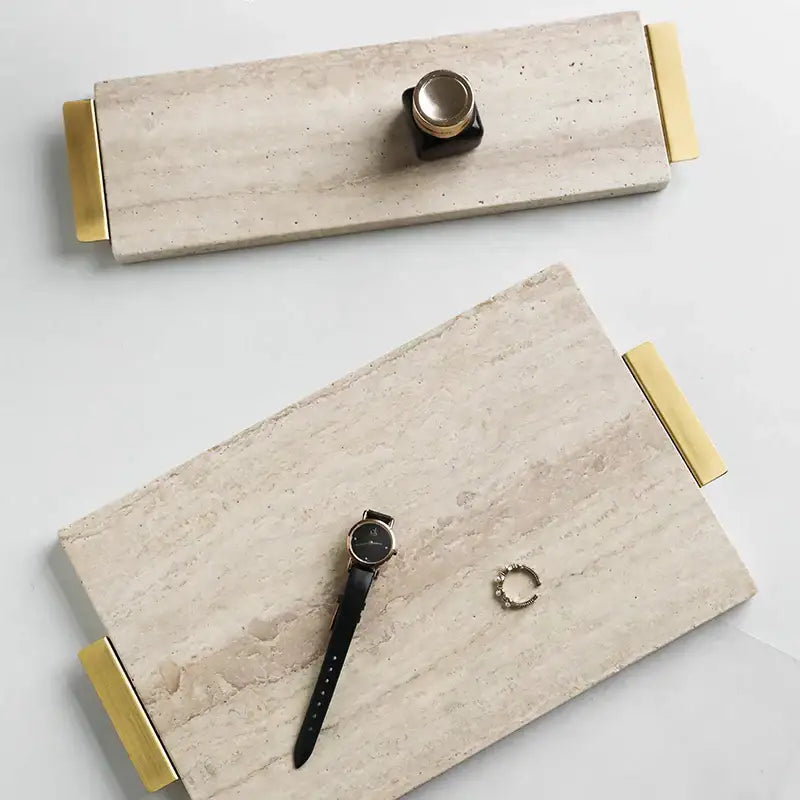 Modern beige travertine stone tray kitchen gold handle decor