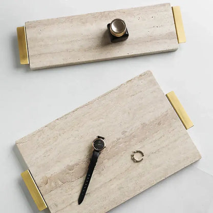 Modern beige travertine stone tray kitchen gold handle decor