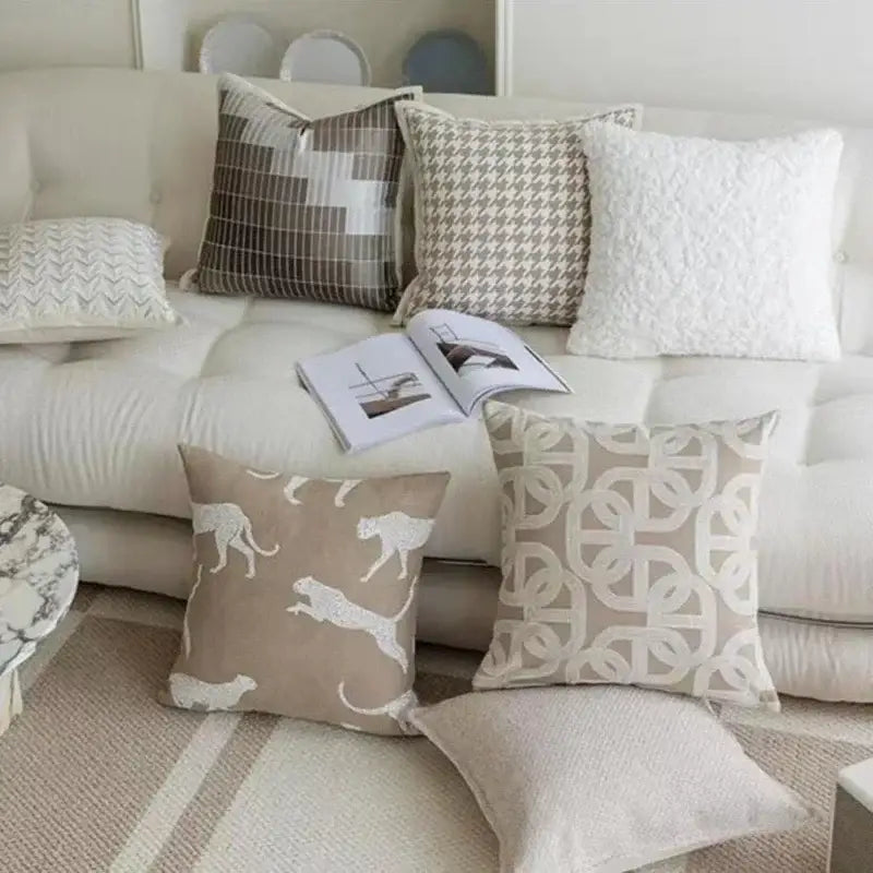 Modern beige & white leaping cat jacquard cushion cover living room