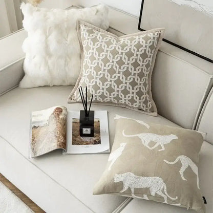 Modern beige & white leaping cat jacquard cushion cover living room