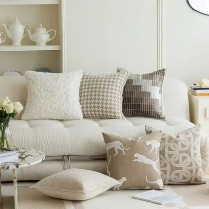 Modern beige & white leaping cat jacquard cushion cover living room