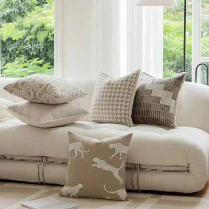 Modern beige & white leaping cat jacquard cushion cover living room