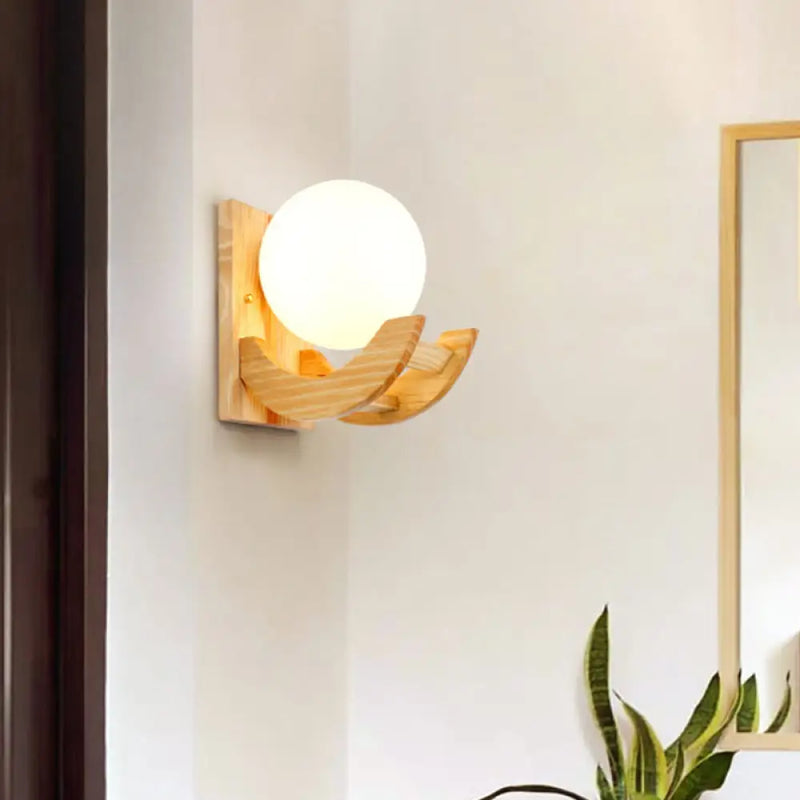 DecorBites™ Modern Beige Wood Sconce Light Fixture with White Glass Shade - Wall Mounted Lamp