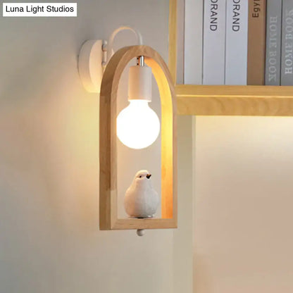 Modern beige wooden arched wall lamp with bird decor for bedroom