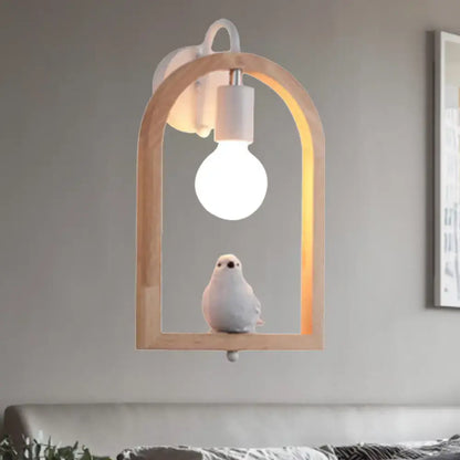 Modern beige wooden arched wall lamp with bird decor for bedroom
