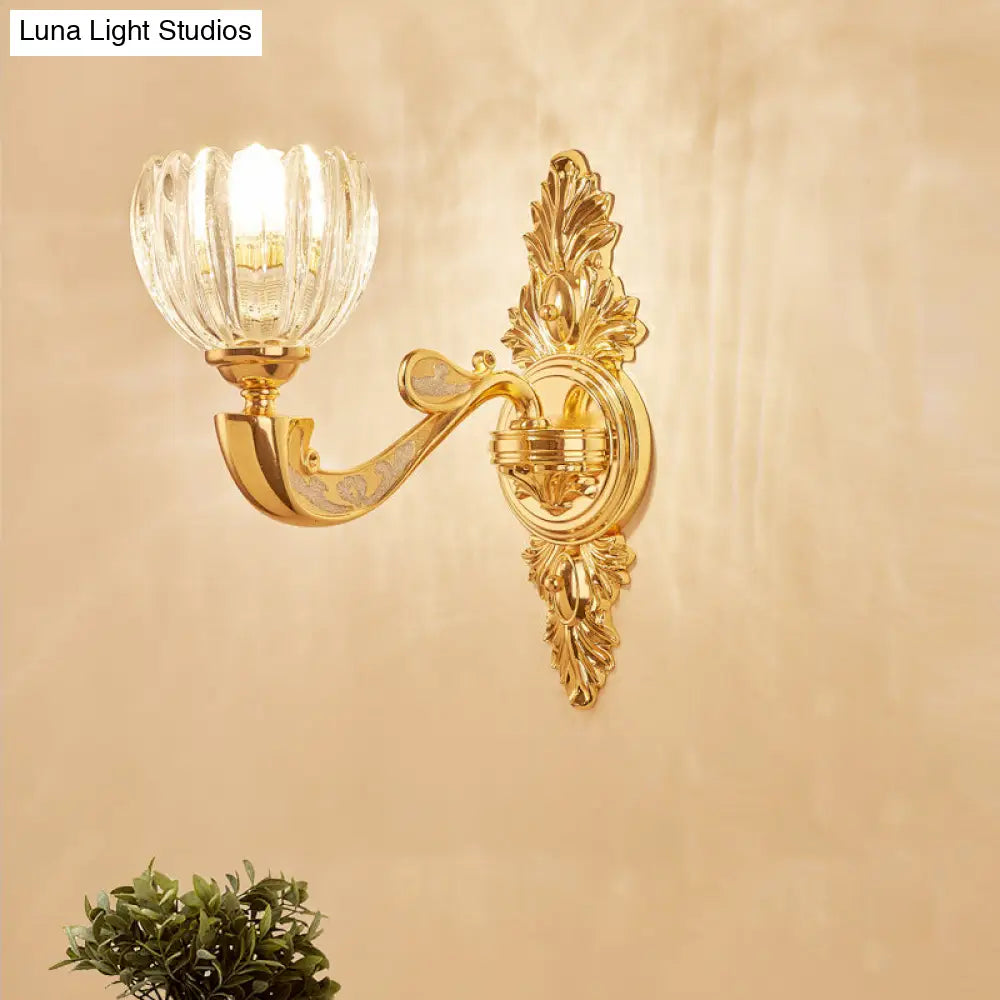 DecorBites™ Modern Beveled Crystal Dome Sconce Light Fixture: Gold 1/2-Bulb Wall Lamp for the Bedroom