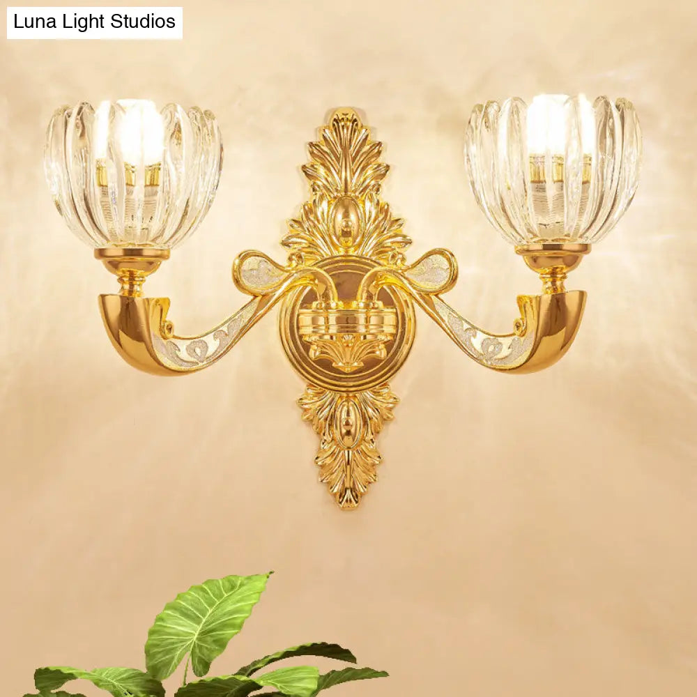 DecorBites™ Modern Beveled Crystal Dome Sconce Light Fixture: Gold 1/2-Bulb Wall Lamp for the Bedroom