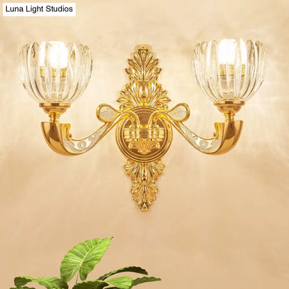 DecorBites™ Modern Beveled Crystal Dome Sconce Light Fixture: Gold 1/2-Bulb Wall Lamp for the Bedroom